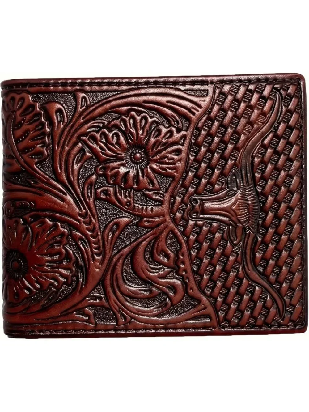 Vintage Floral Tooled Leather Bifold Wallet for Men - RFID Blocking, Multiple